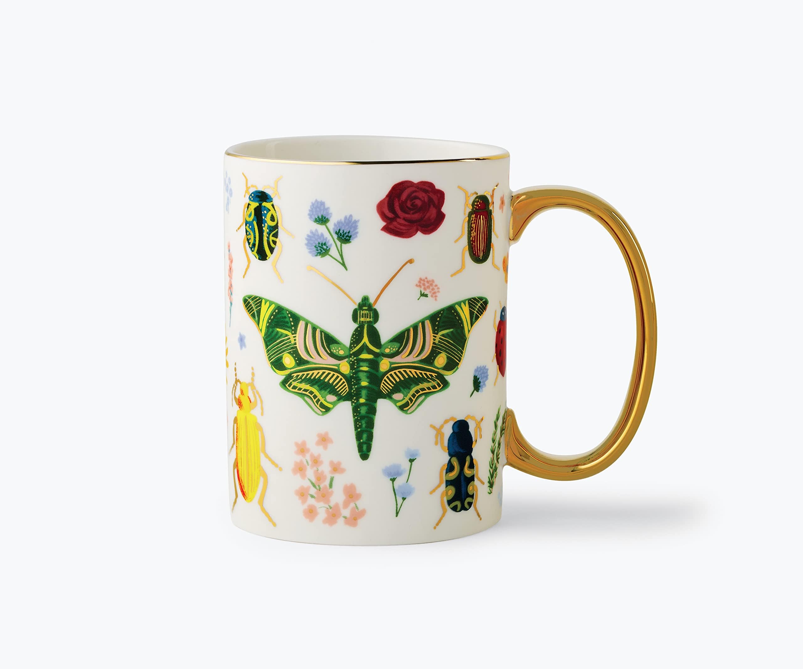 rifle paper co. curio porcelain mug - porcelain 16 oz mug, full-color illustration with metallic gold accents, 4.5" l x 3.125" w, intricate nature designs with gilded rim and handle