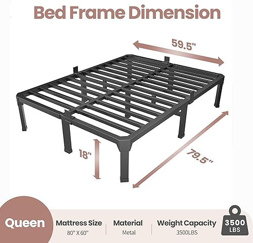 Miniatura 2 de ROIL Base de cama tamaño Queen de 18 pulgadas con tapón deslizante para colchón, plataforma de metal con listones de acero antichirridos de color