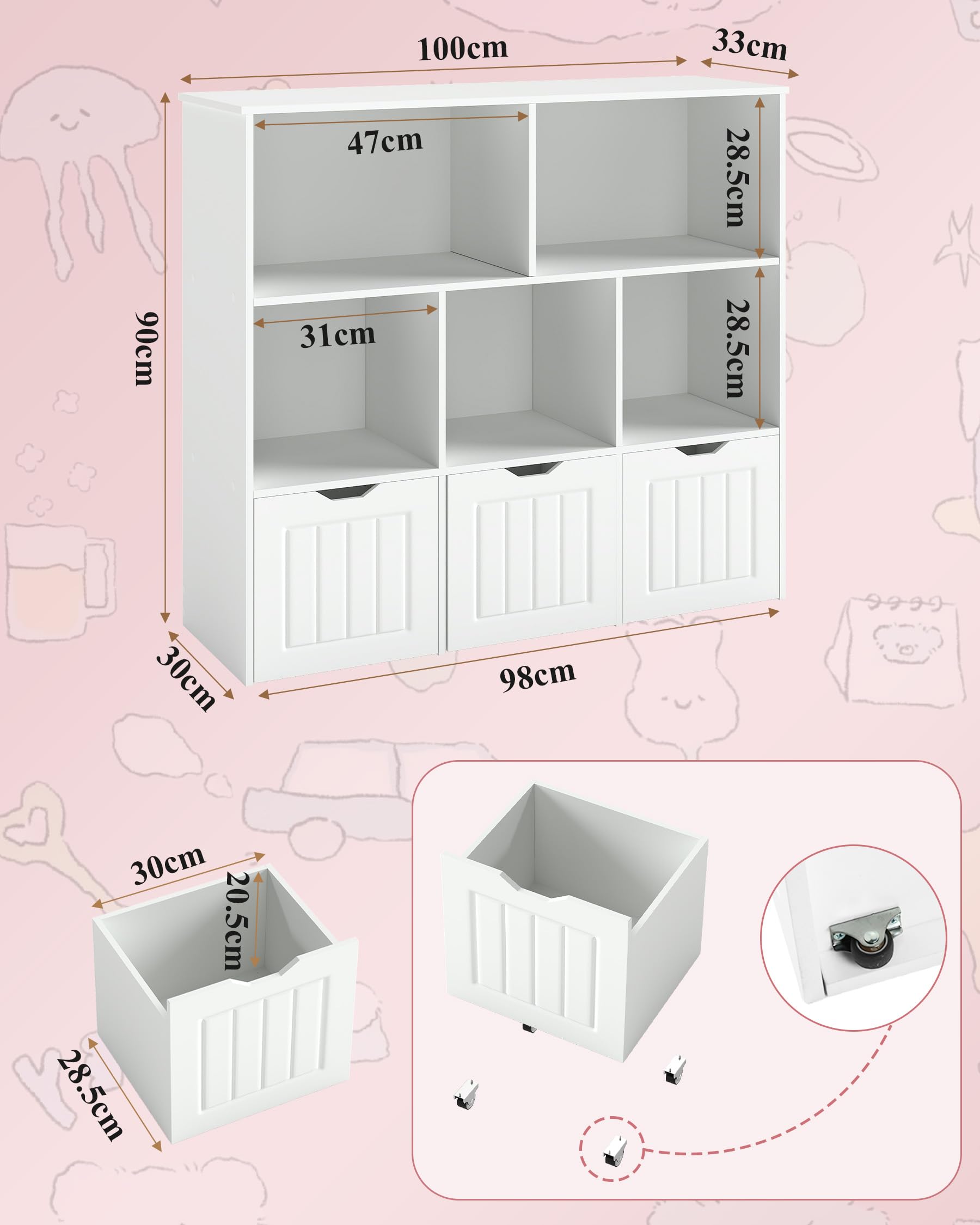 Bibliothèque Enfant avec 5 Compartiments, Meuble de Rangement Enfant avec 3 Tiroirs, Étagère Chambre Enfant, Rangement Jouet, Meuble Montessori, Blanc 100x33x89.5cm