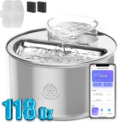 Miniatura 1 de Fuente de agua inteligente de acero inoxidable para gatos, dispensador automático de agua para mascotas de 3.5 L118 onzas para gatos y perros,