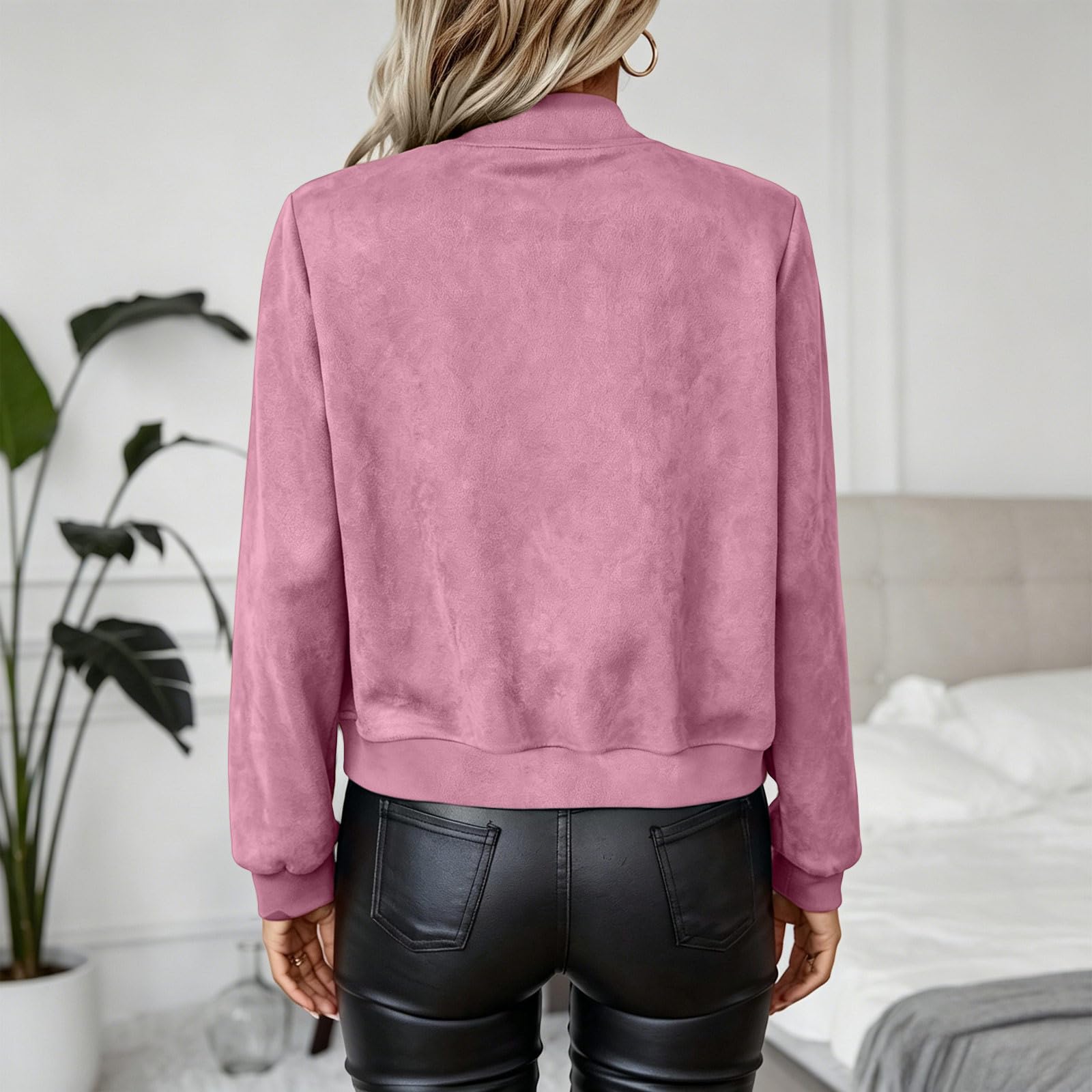 Veste Femme Courte Blouson Bomber Suédine Vintage Zippée Unie