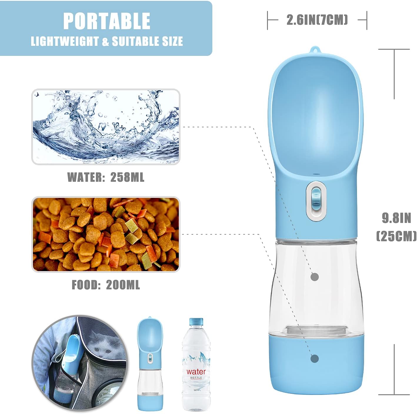 CAACBB Dog Water Bottle for Walking, Water Dispenser, Multifunctional Dog Cat Puppy Feeder Traveling Bowls with Food Container, Lightweight & Convenient Portable Pet Drinking Cup (Light Blue)