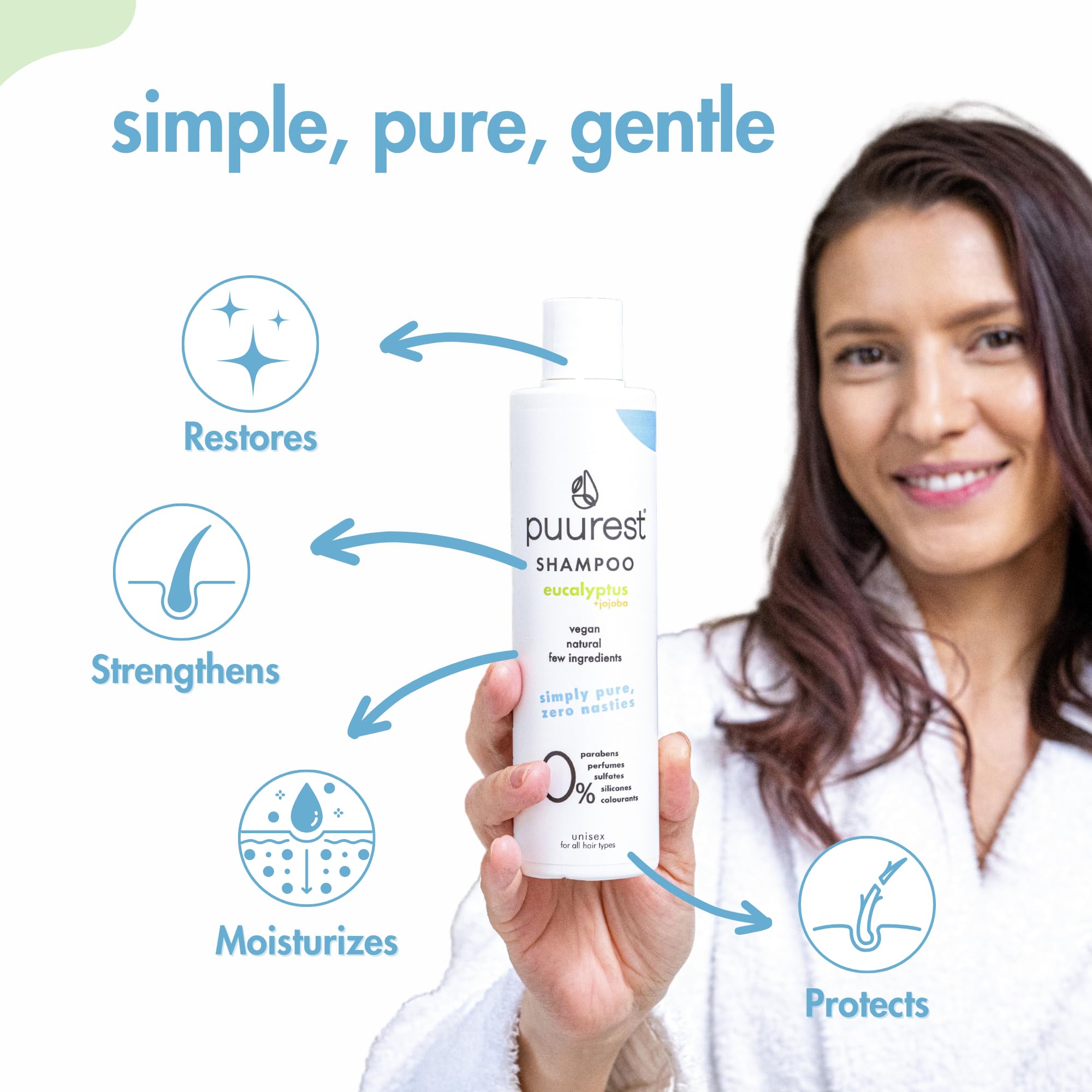 Puurest Shampoo senza solfati, siliconi, parabeni e sale – naturale, vegan, idratante, senza profumo, con olio di eucalipto e jojoba, 250ml
