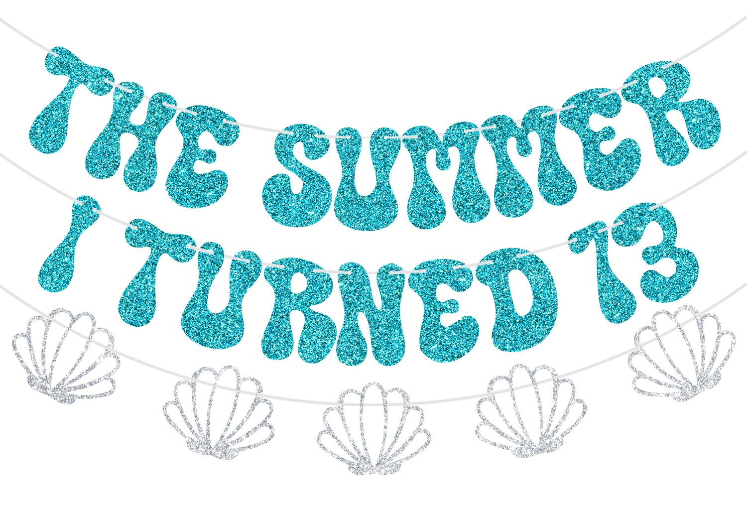 The Summer I Turned 13 Banner, Summer Beach Themed 13th Birthday Party Decorations, Seafish Shell 13th Birthday Decoration Supplies Blue & Silver Glitter