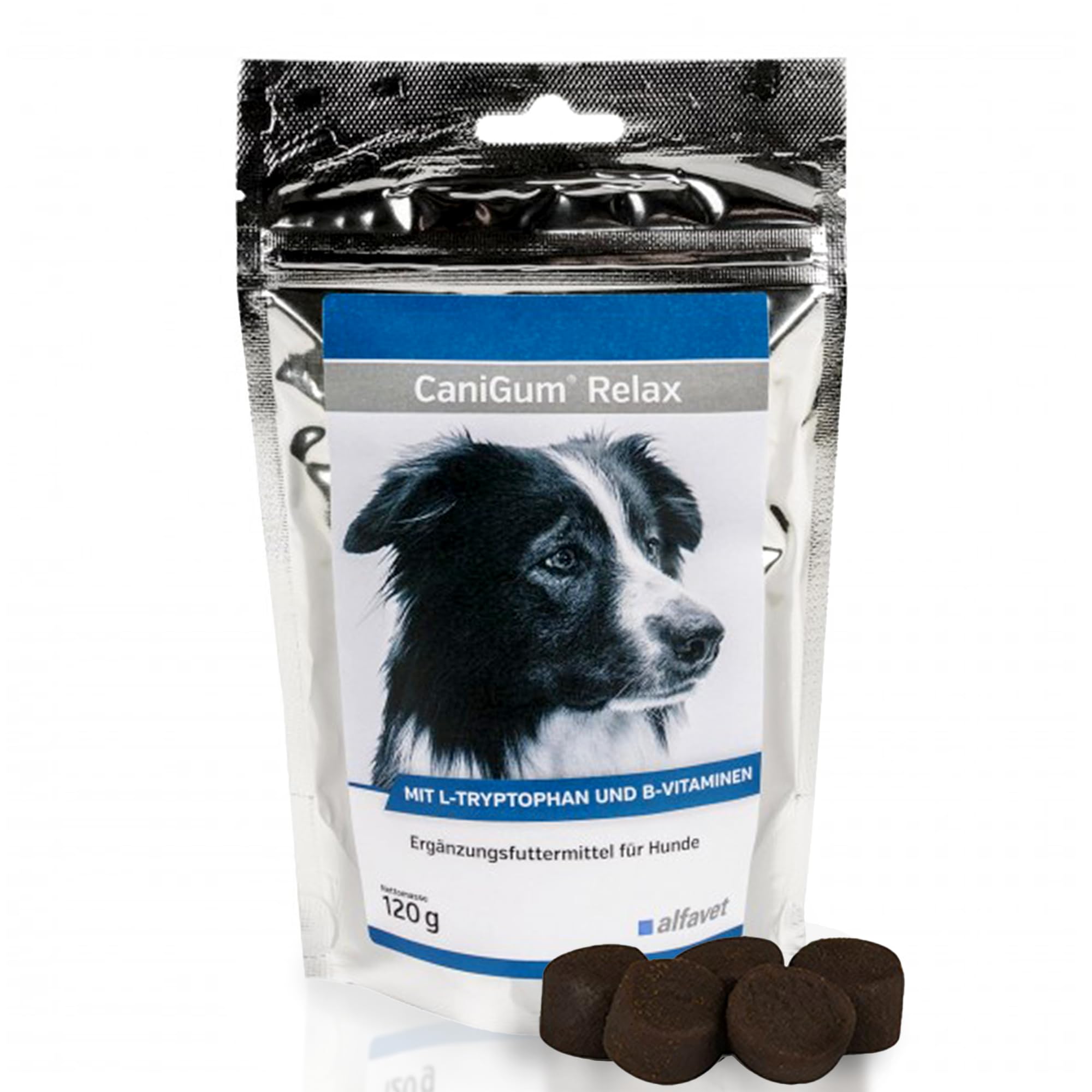 Alfavet CaniGum Relax, Ergänzungsfuttermittel für Hunde mit L-Tryptophan und B-Vitaminen, Beruhigung und Nervenstärke, 120g Kaudrops