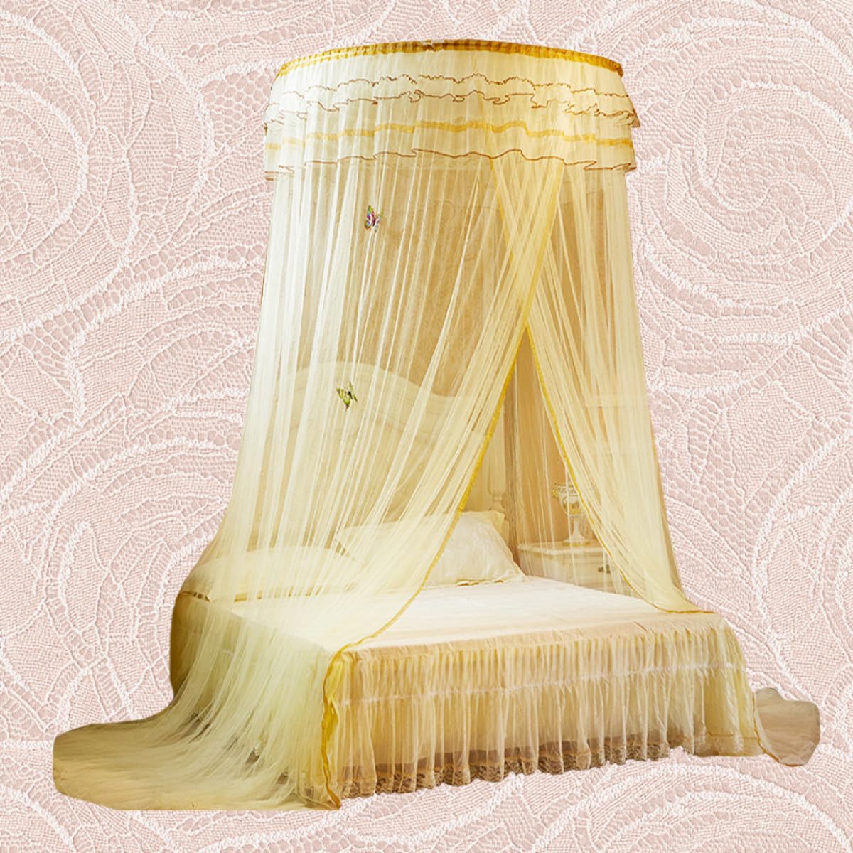 TEHAUX Zanzariera da Letto a Cupola in Pizzo Beige 1 Pezzo