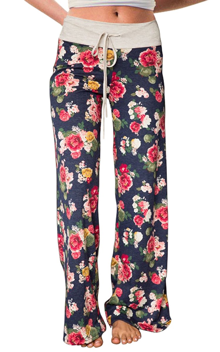 AMiERY Women's Comfy Casual Pajama Pants Floral Print Drawstring Palazzo Lounge Pants Wide Leg