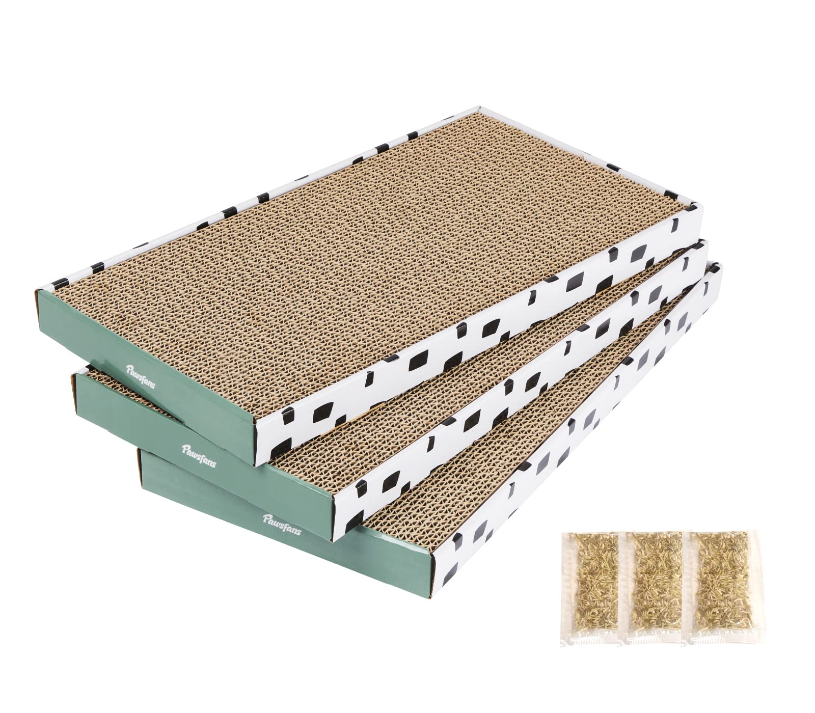 PAWSFANS Cat Scratcher Cardboard Scratch Pad with Box Durable Corrugate Scratching Board Kitty Sofa Lounge Bed Reversible Catnip Included for Indoor Cats,Large (Box, 3pcs)