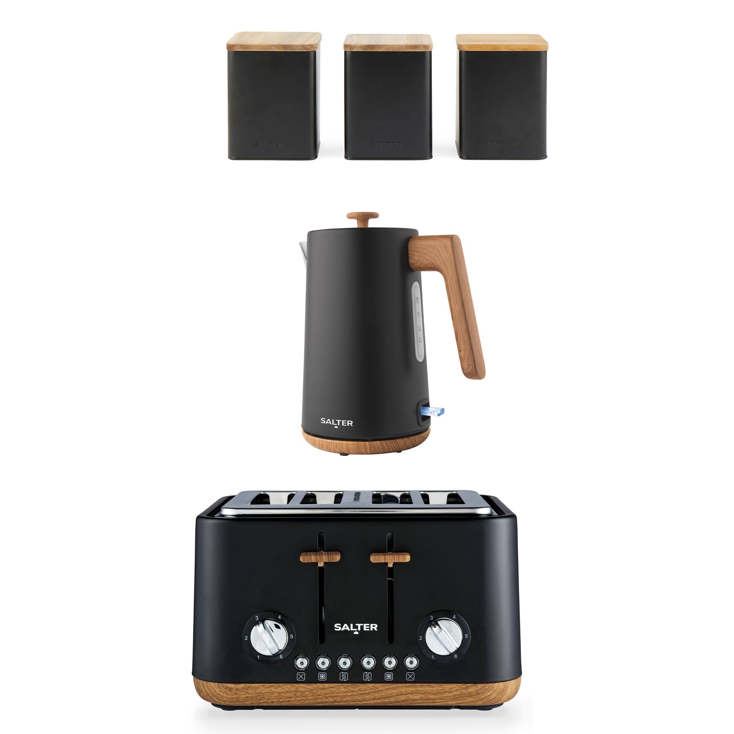 Salter Toronto Kettle, Toaster & Countertop Set โ Includes Tea, Sugar, Coffee Canisters, Rapid Boil, 4-Slice Wide Slots, Storage Canisters, Wooden Accents, Matt Black