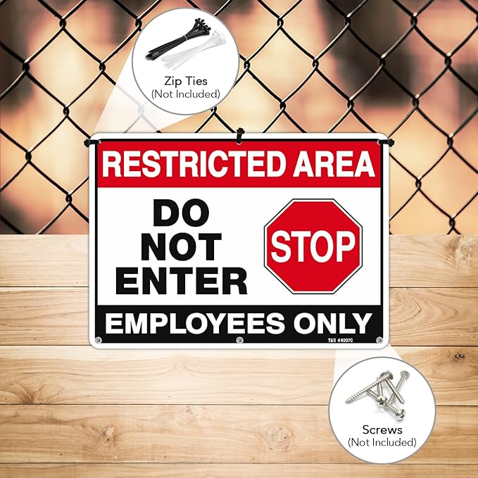 T&R Large Restricted Area Do Not Enter Employees Only Sign - 2 Pack - 14 x 10 Inches Rust Free .040 Aluminum - UV Protected, Waterproof, Weatherproof and Fade Resistant - 6 Pre-drilled Holes