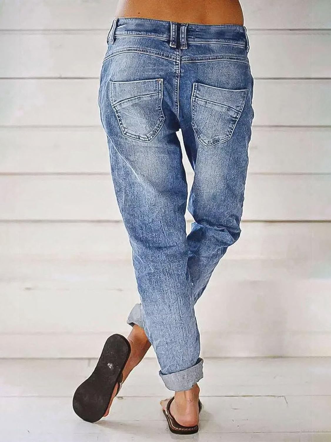 Flamingals Women’s Stretchy Straight Leg Casual Mid Rise Jeans Wash Button Fly Stitch Detail 90s Trendy Denim Jeans