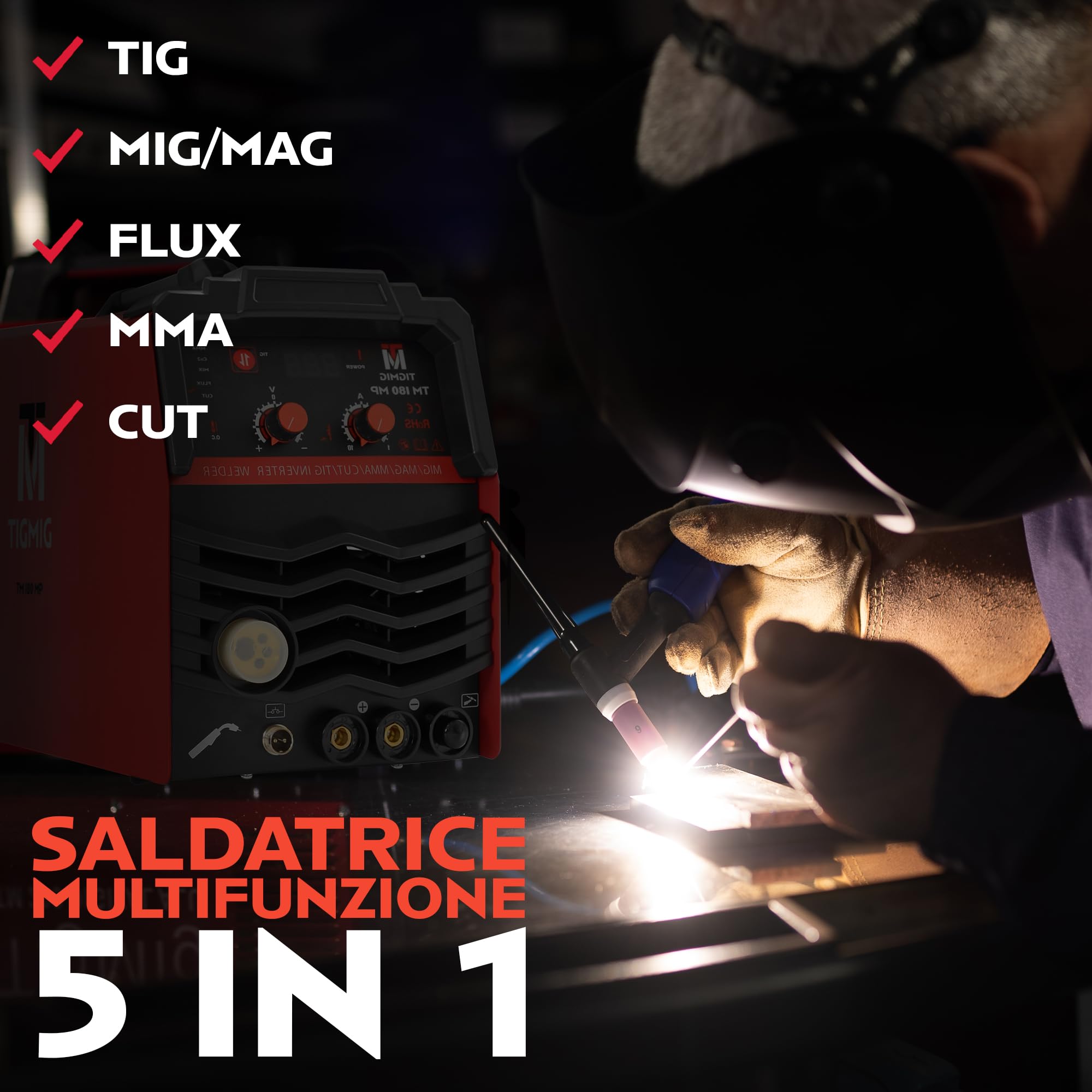 TIGMIG Saldatrice Inverter IGBT Multi Processo Taglio Plasma, Multifunzione 5 in 1: TIG/MIG/MAG/FLUX No Gas/MMA e Taglierina CUT, Saldatura 160A, Taglio fino a 10mm (40A), Garanzia e Assistenza ITA