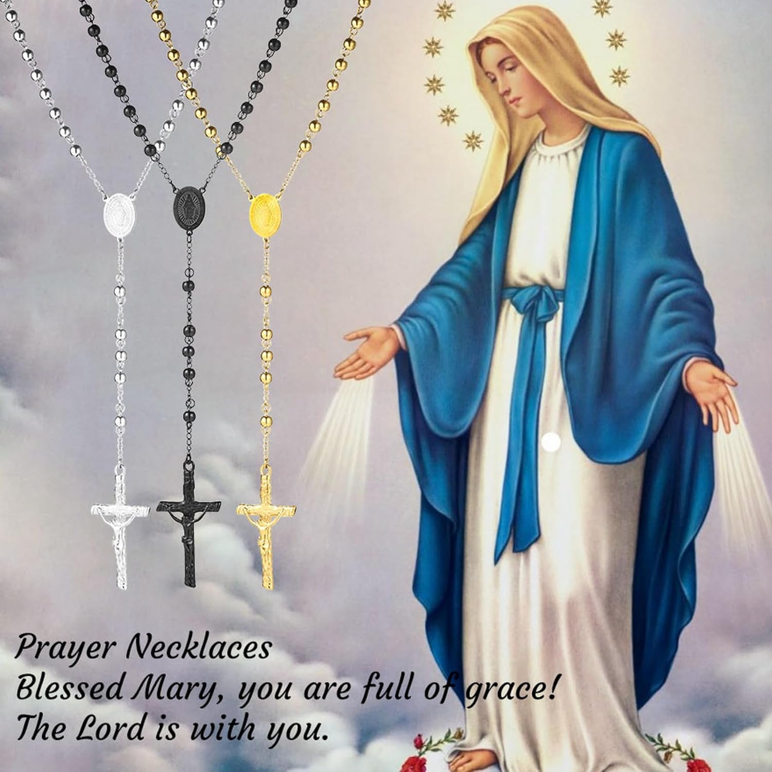 MeMeDIY Custom Rosary Necklace for Women Men Christian Virgin Mary Pendant with Crucifix Engraved Picture Text Stainless Steel Rosary Catholic Necklace Circle Chain Prayer Beads - Image 4