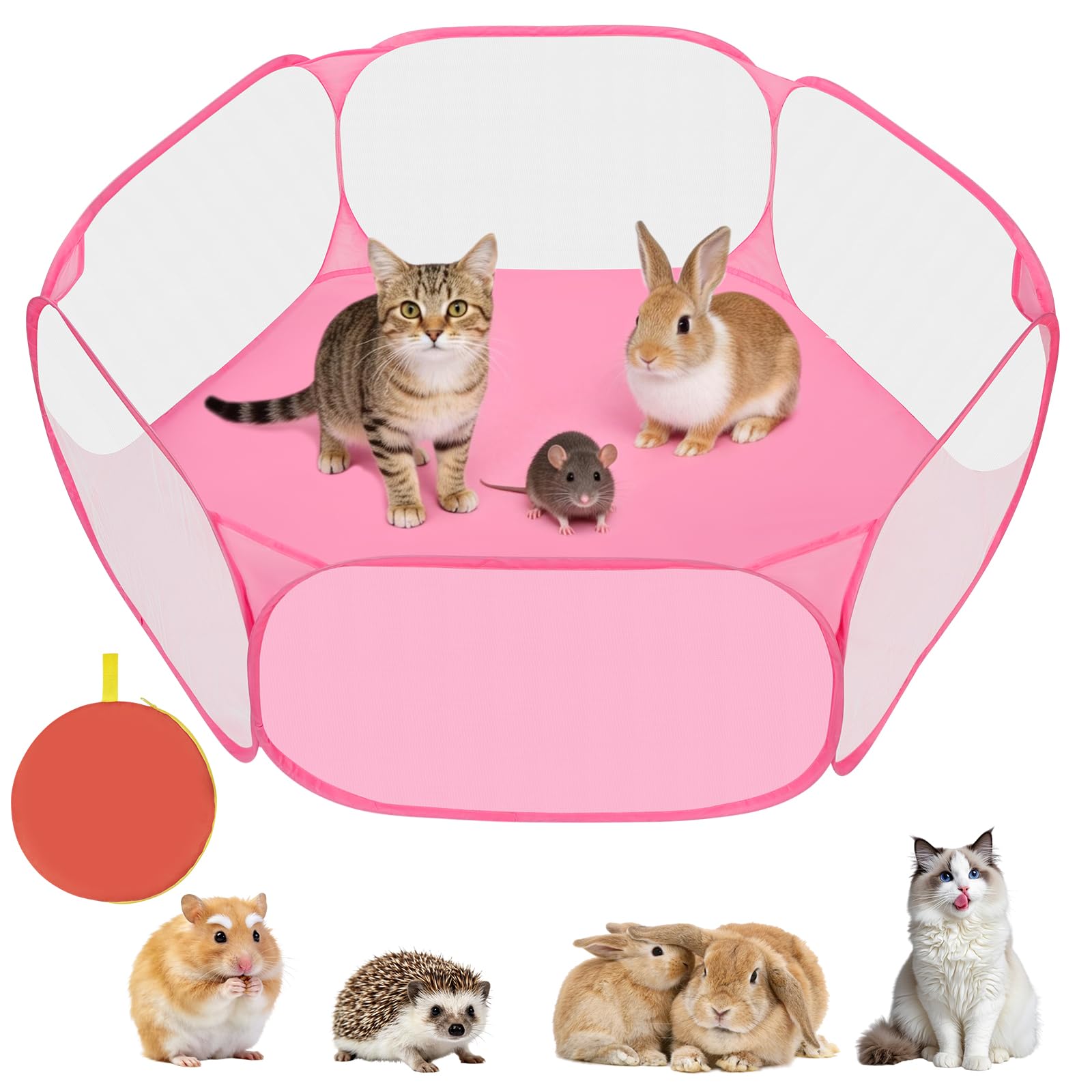 Aomig Small Animal Pet Playpen Foldable Pet Cage Tent Pop-Up Exercise Fence Transparent Animal Playpen Breathable Training Fence Hexagonal Play Pen for Guinea Pig Rabbits Hamster Chinchillas(Pink)