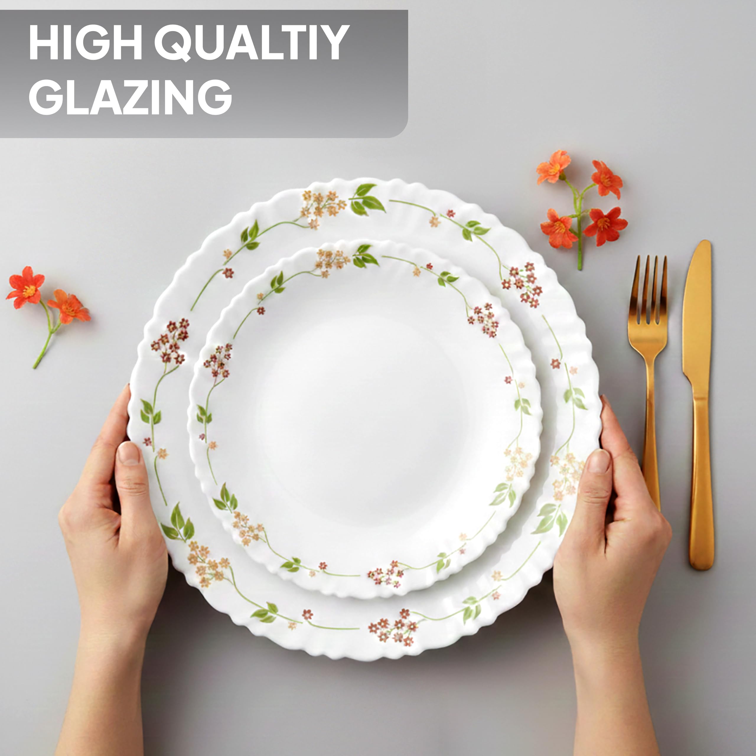 Cello Opalware seria Dazzle Secret Garden zestaw obiadowy, 35 sztuk, zestaw obiadowy ze szkła opalowego dla 6 osób, lekki, zestaw naczyń do codziennego użytku do jadalni, zestaw białych talerzy i