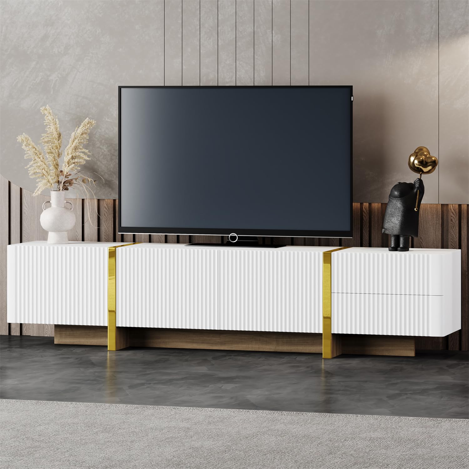 Linique Modern TV Stand with 2 Storage Drawers, 3 Doors Cabinet, Media Console Table for TVs up to 80", Golden Wood Grain Legs Entertainment Center,