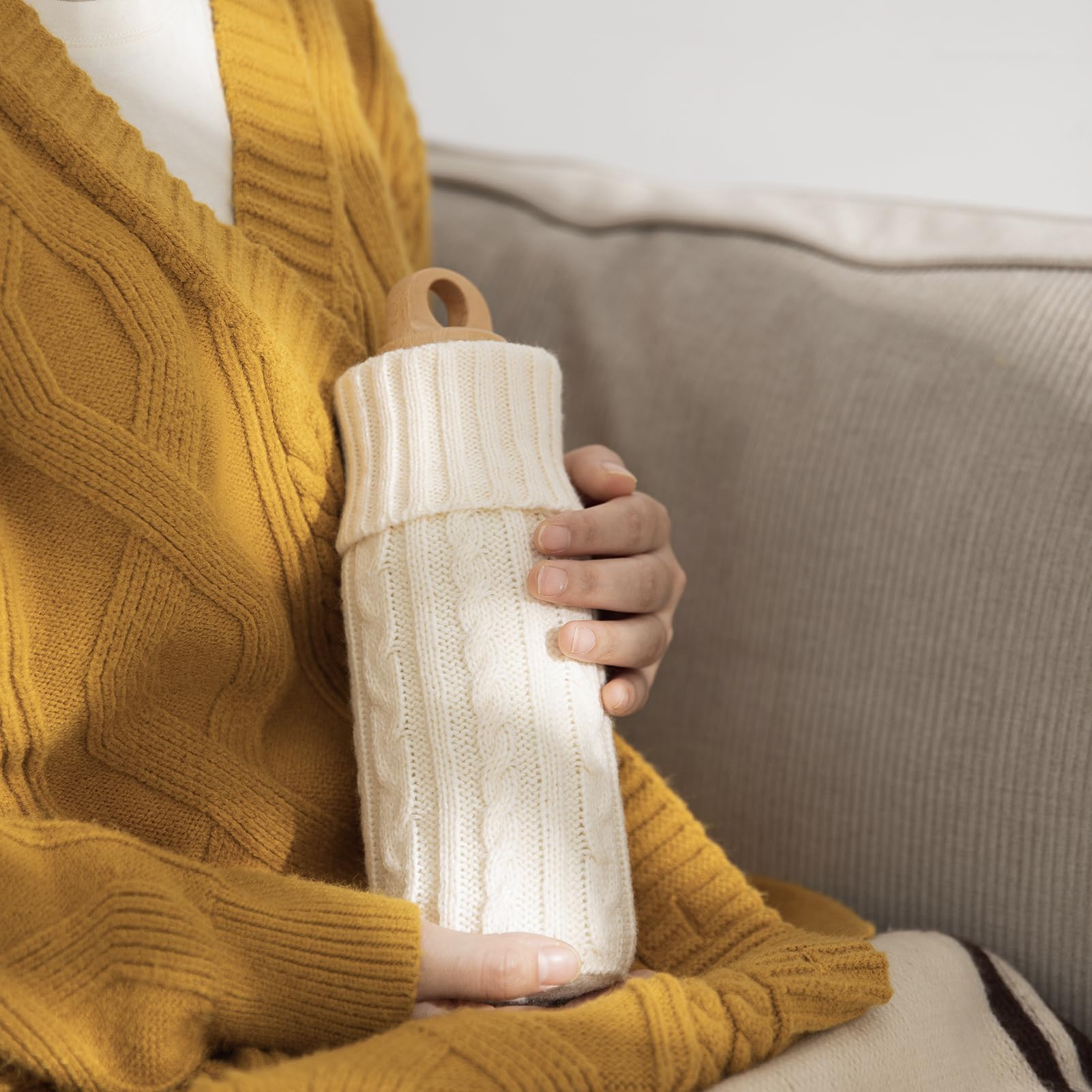 SHIMOYAMA Hot Water Bottle with Knitted Cover, Holds 20 Fl Oz Silicone Hot Water Bag for Pain Relief – Ideal for Hot and Cold Compress, Hand Feet Warmer (Beige)