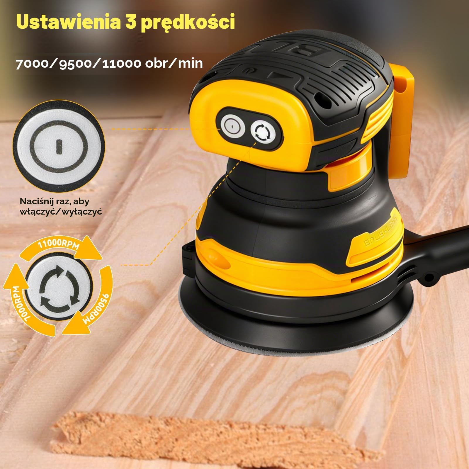 Szlifierka z losowym obiegiem, bezprzewodowa szlifierka kołowa kompatybilna z akumulatorami 20V DEWALT bezszczotkowa 11000 RPM z torbą na kurz, osłoną przeciwpyłową i 20 szt. papieru ściernego do