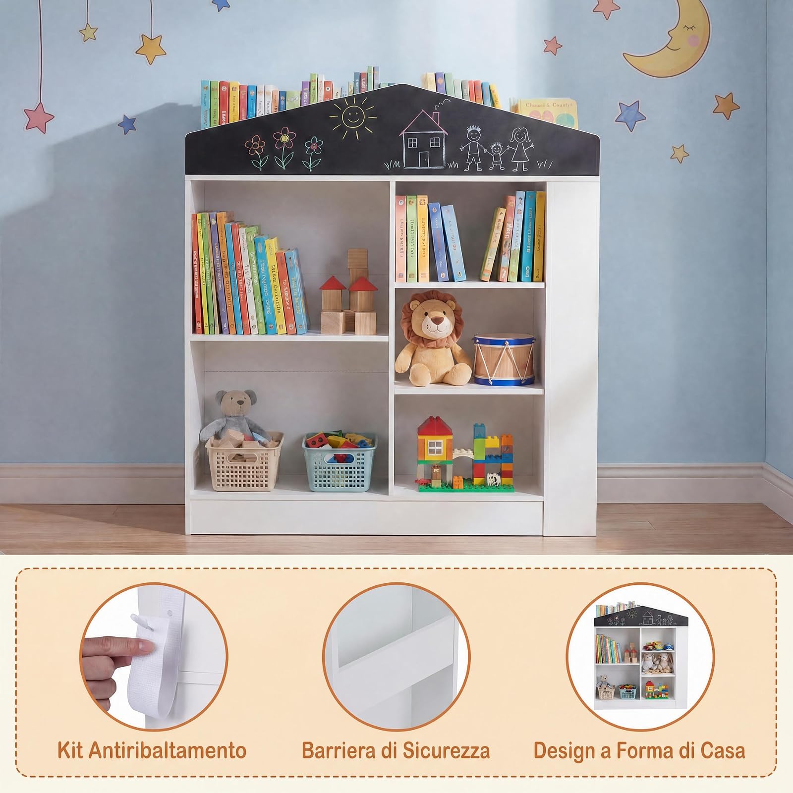 RELAX4LIFE Libreria Montessoriana per Bambini, Scaffale Portaoggetti con Scomparti e Lavagna, Libreria a Forma di Casa per Cameretta, Sala Giochi e Asilo Nido