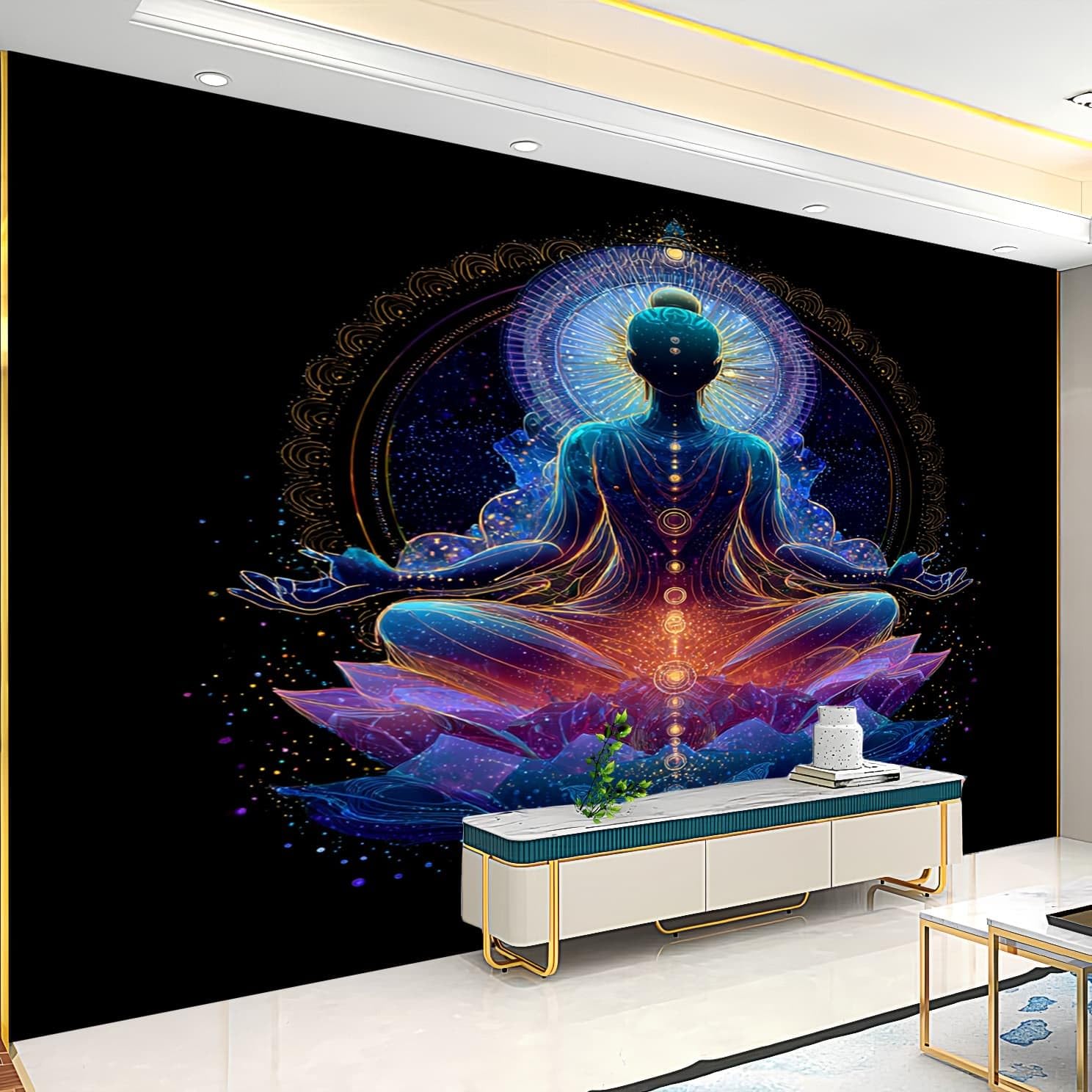 Carta Da Parati Fotografica 3d Effetto Carattere Runico Della Meditazione Moderna Design Carta per Pareti Soggiorno Camera Da Letto Sala Blu Viola Fotomurali In Tessuto Non Tessuto TNT 250x175 cm