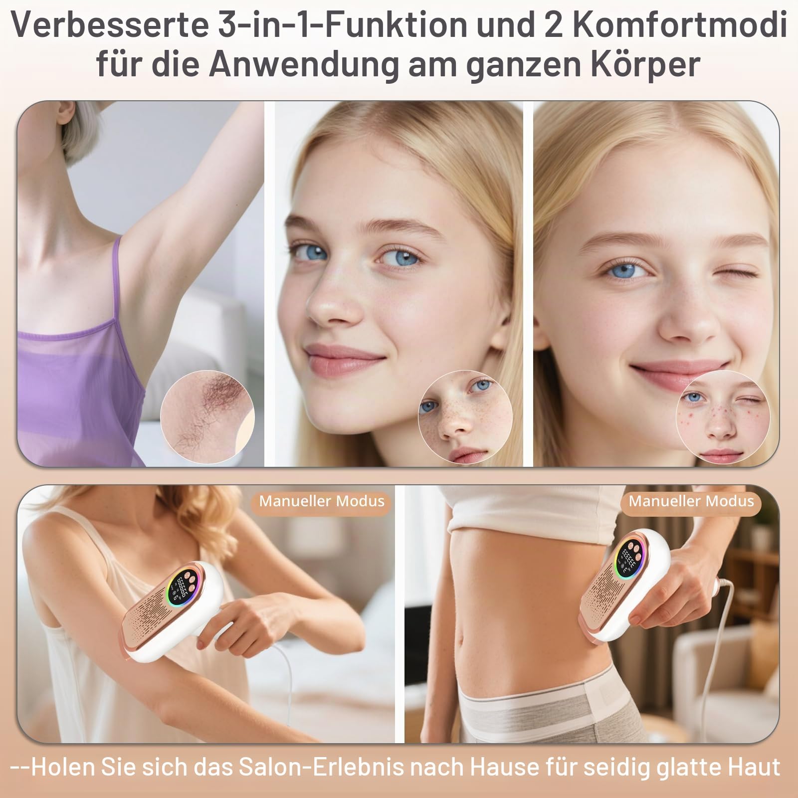 IPL Haarentfernung mit Gefrierfunktion – Schmerzfreies IPL Gerät mit 3 Modi (HR/SC/RA), 9 Energiestufen, 999.999 Lichtimpulse für Damen & Herren – Ideal für Gesicht, Bikini, Beine & Körper