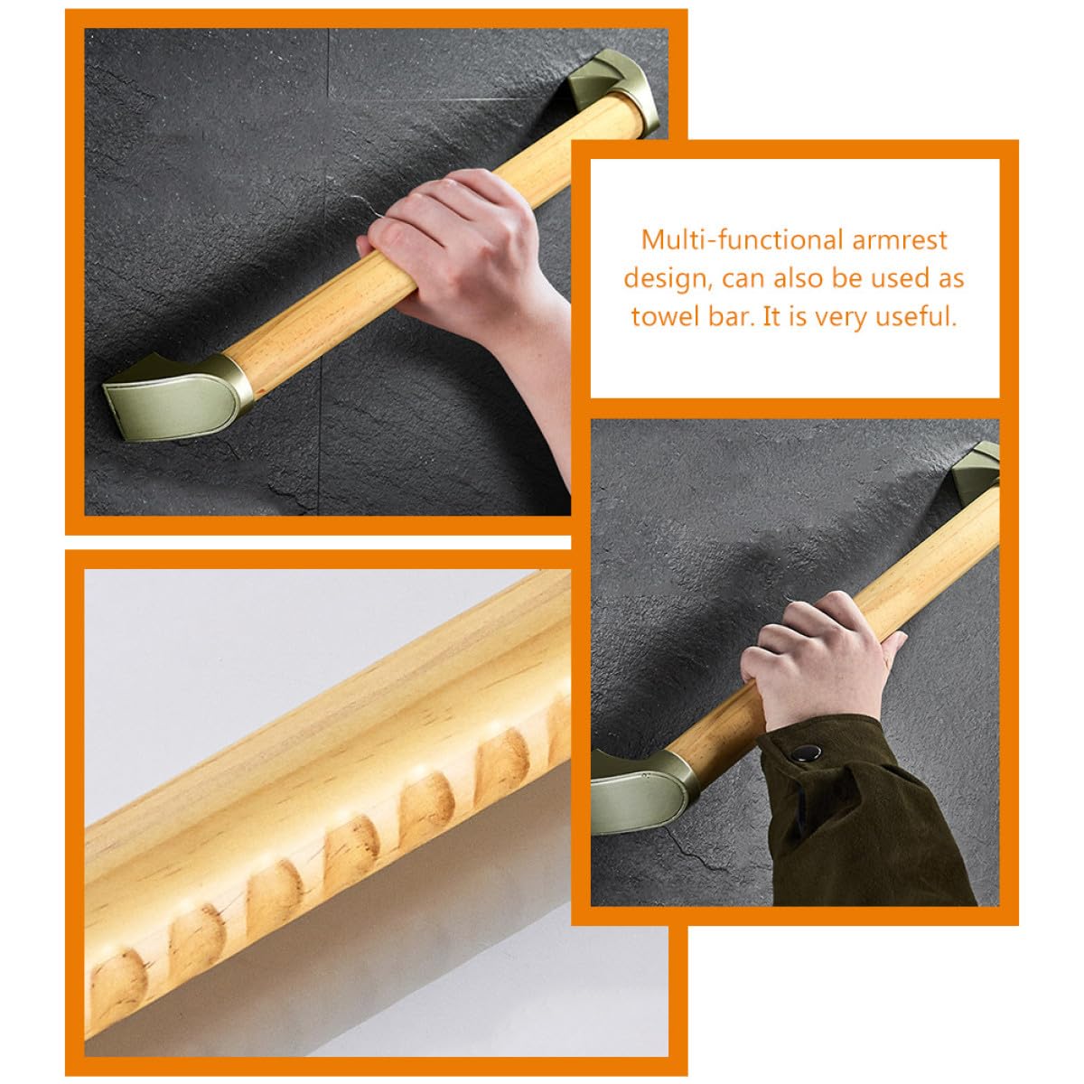 Barra de Apoyo para Baño 34 Cm en Madera Natural, Pasamanos Antideslizante Multifunción para Ducha E Inodoro, Accesorio de Seguridad para Personas Mayores Movilidad Reducida