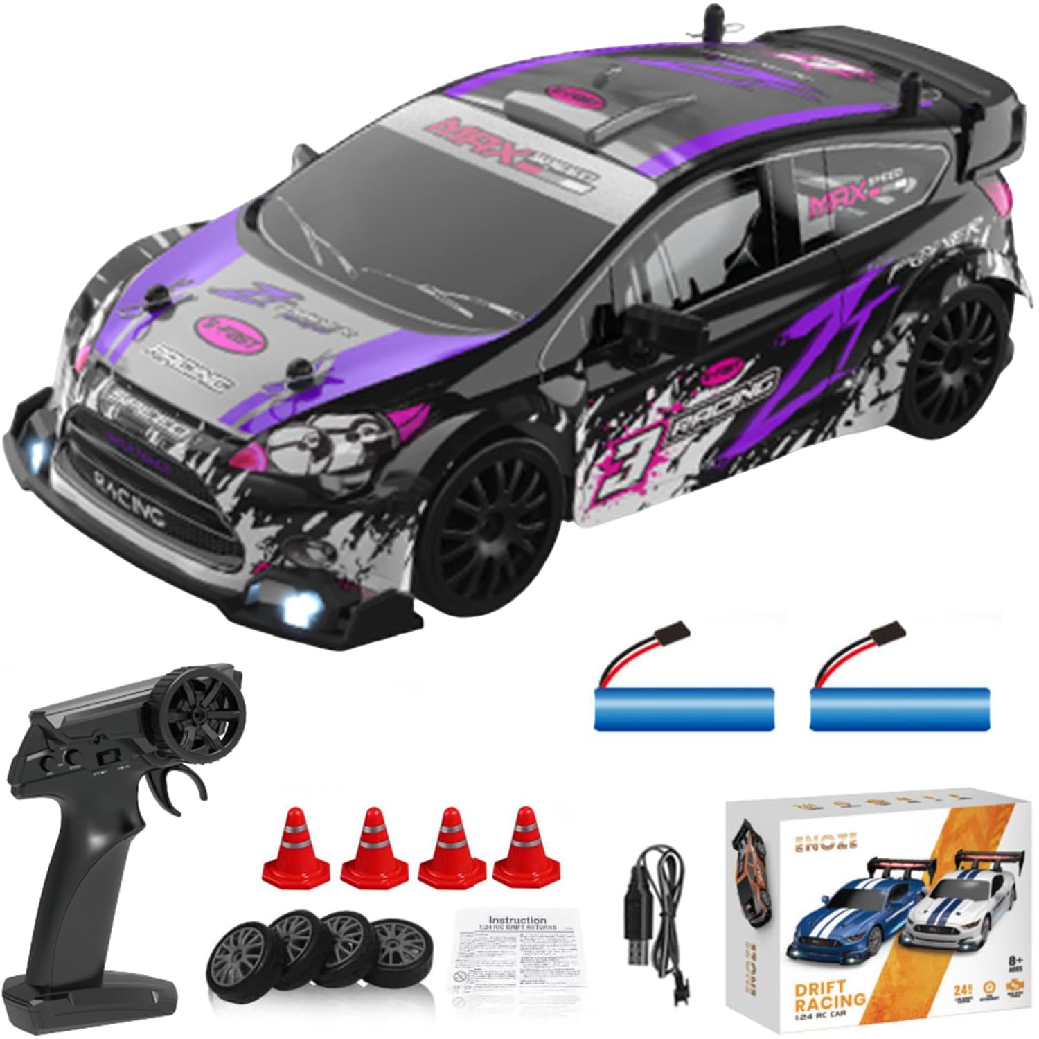 KAIMIO 1:24 Scale RC Drift Car 4WD 2.4GHz 30KM/H High Speed Racing Sport Toy Car with LED Lights, Racing and Drift Wheels (8605-Purple)