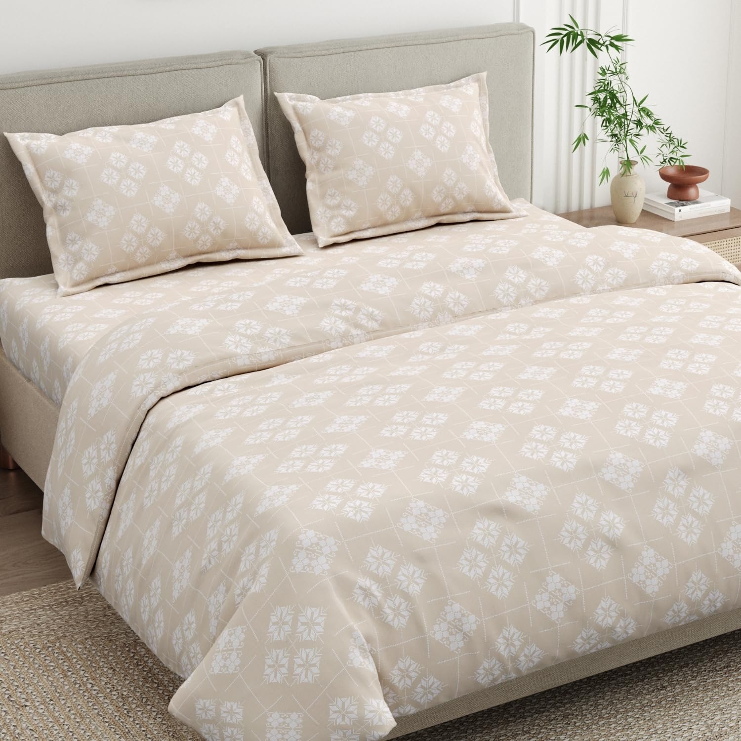 Haus & Kinder Bedsheets for King Size Bed, Bedsheet for Double Bed King Size,108 * 108 Inches Bed Sheet Cotton 300 TC Premium Bedsheets with 2 Pillow Covers-Crystal Loom Beige-picture-32