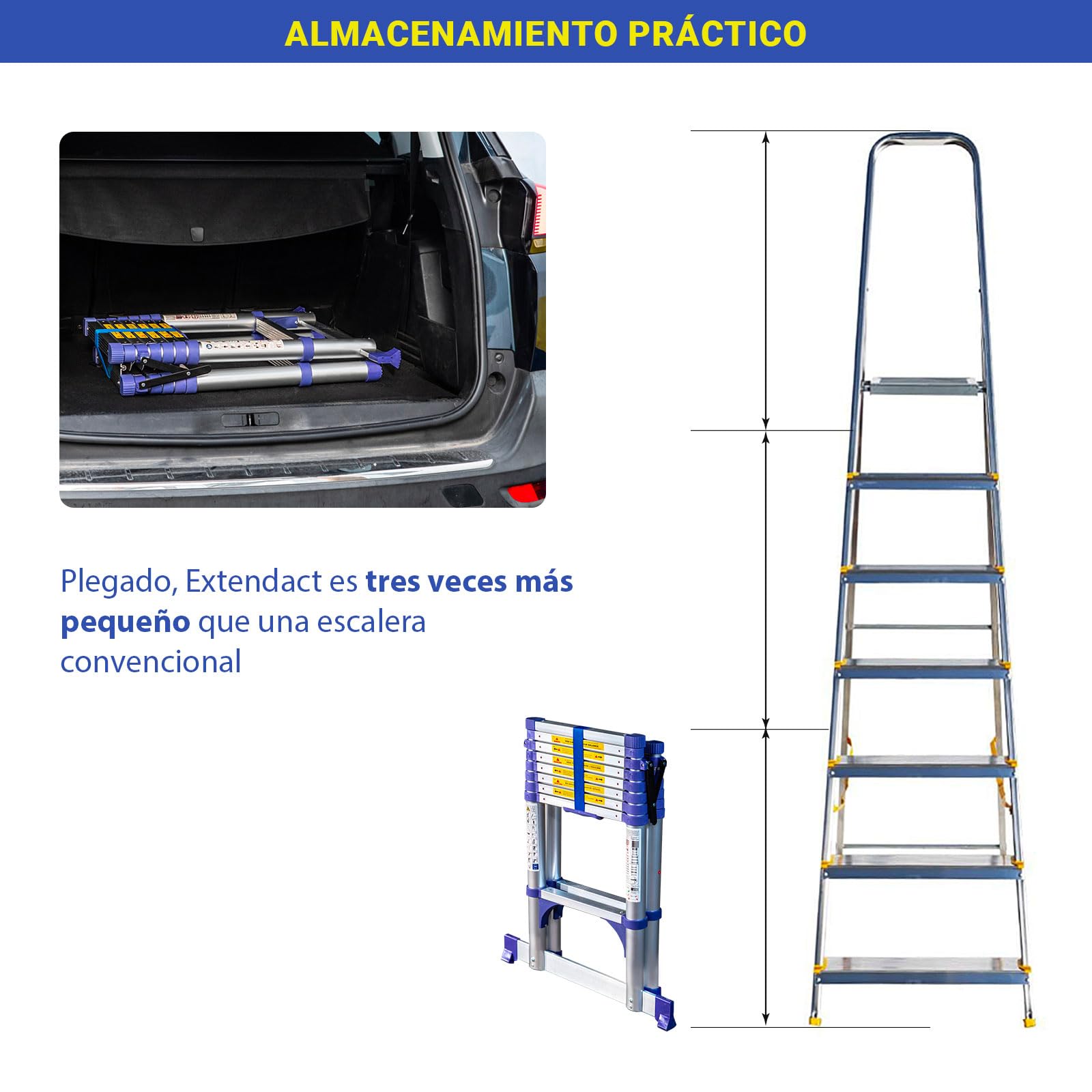 Escalera telescópica de 9 escalones EXTENDACT9, Escalera telescópica 2,6m+2,3 m, Escalera Plegable telescópica, Altura máxima de Trabajo 4,1m, Garantía de 5 años, Hostrom