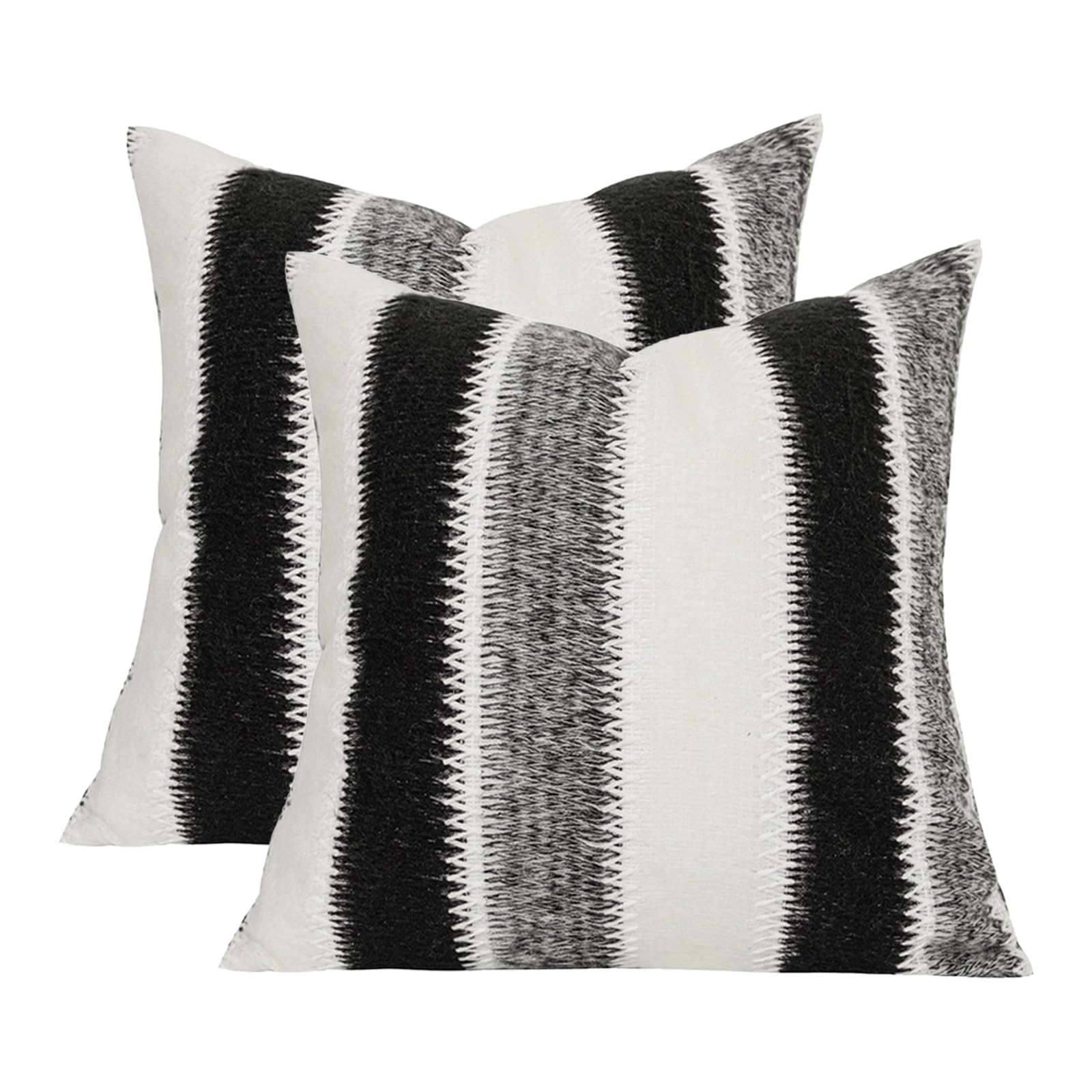 Set of 2 Out/Indoor 18x18 in Black&White&Gray Soft Stripes Wool Farmhouse Decorative Throw Pillow Cover Boho Accent Neutral Textured Cushion Pillow Case for Living Room Couch Bed Sofa