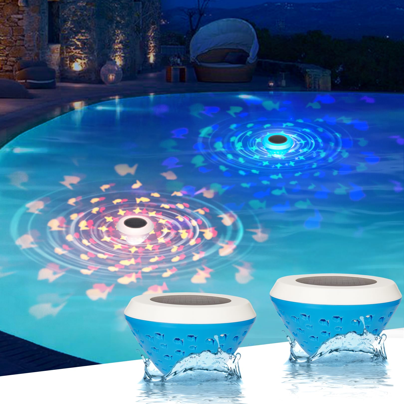 Photo 1 of Pugwoy Solar Pool Lights Floating,Pool Lights with RGB Color Changing Fish Pattern,Waterproof LED Lights for Inground/Above Ground Pool, Hot Tub, Pond, Outdoor Garden & Party Decor (2)
