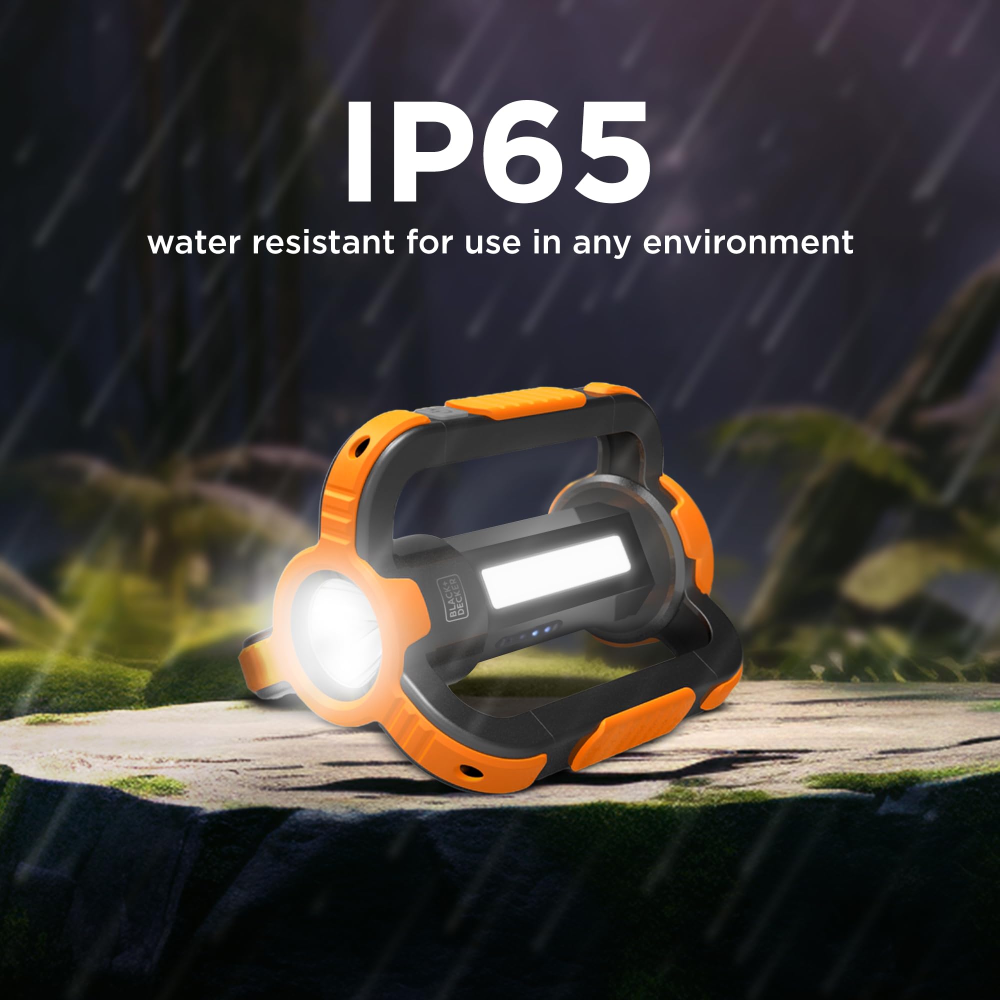 BLACK+DECKER Linterna LED recargable y linterna de 360°, luz impermeable IP65 de 1000 lúmenes, 8 modos, modo SOS de emergencia, banco de energía USB-A, luz de 18 horas, clip de mosquetón, magnético