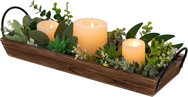 Long Narrow Wood Candle Tray: Hanobe Rustic Wooden Candle Holders Rectangular Table Centerpieces for Dining Room Farmhouse Pillar Stand with Handle Rectangle Table Decor, Brown