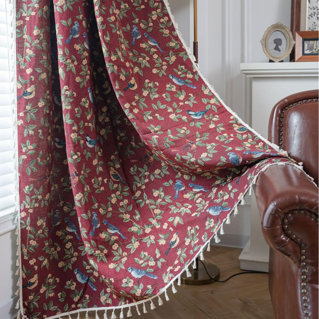 USTIDE Uccelli e Fiori Tenda in Jacquard di Cotone - Tenda Oscurante Stile Shabby Chic per Camera da Letto, 1 Pannello, 140 x 220 cm