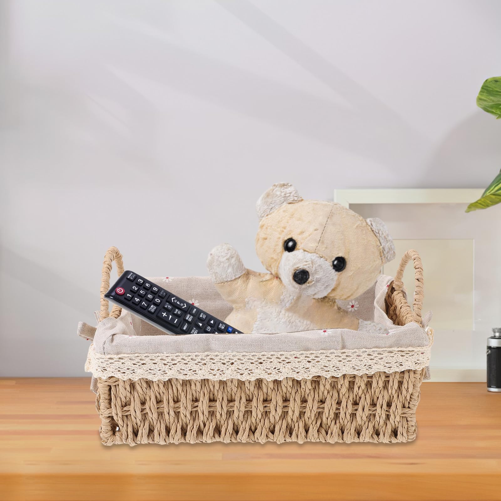 POPETPOP Woven Storage Basket mit Futter Geflochtener Aufbewahrungskorb für Wohnzimmer Büro Bad Multifunktionaler Desktop Organizer für Snacks Kosmetik und Dekoration
