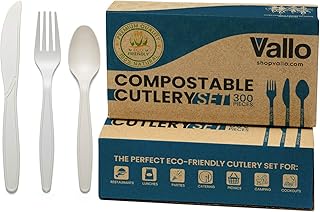 Vallo 100% Compostable Cutlery Set - Forks, Spoons, Knives [300 Utensils] - Premium Eco-Friendly Disposable Cutlery, Biodegradable Alternative To Plastic Silverware, Durable and Heat Resistant [7 in.]
