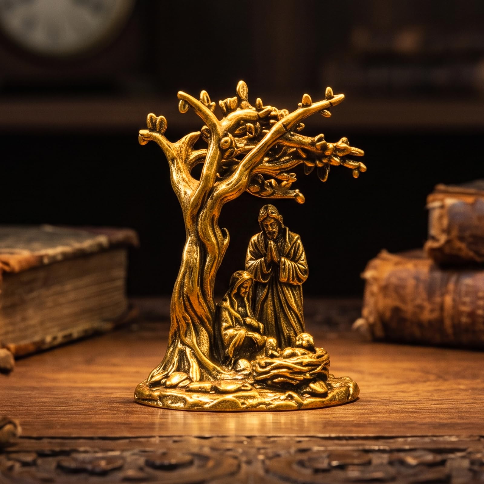 100% Solid Brass Nativity Scene Figurine, Vintage Holy Family Statue with Baby Jesus & Tree, Mini Collectible Brass Christian Desk Decor for Bookshelf, Home Altar, Office Shelf & Faith Gift