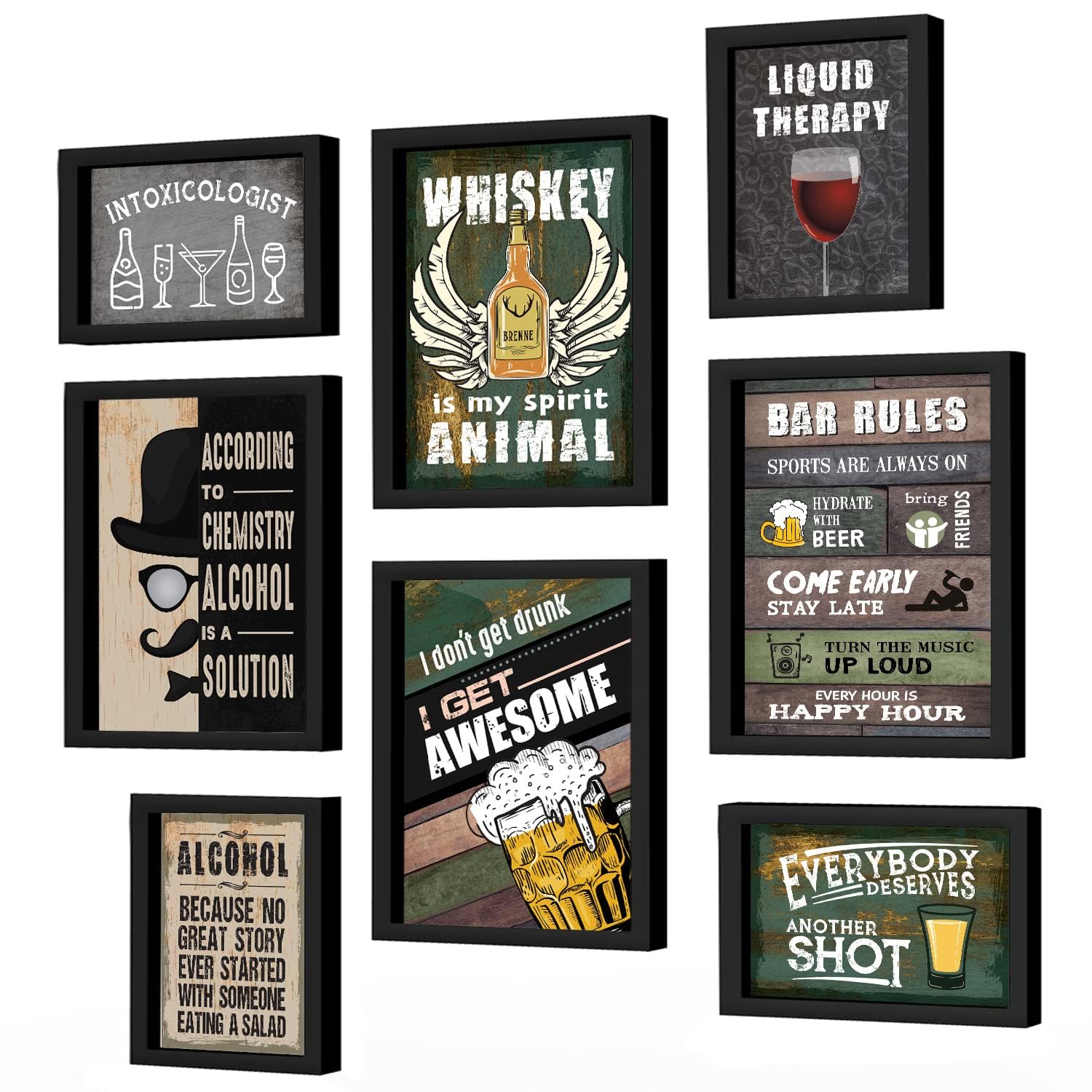 Chaka Chaundh - Set of 8 Alchohol Quotes Framed Posters - Beer Bar quotes poster with frame for wall - (4 - A3) & (4 - A4) Whiskey Cocktail Quotes frame