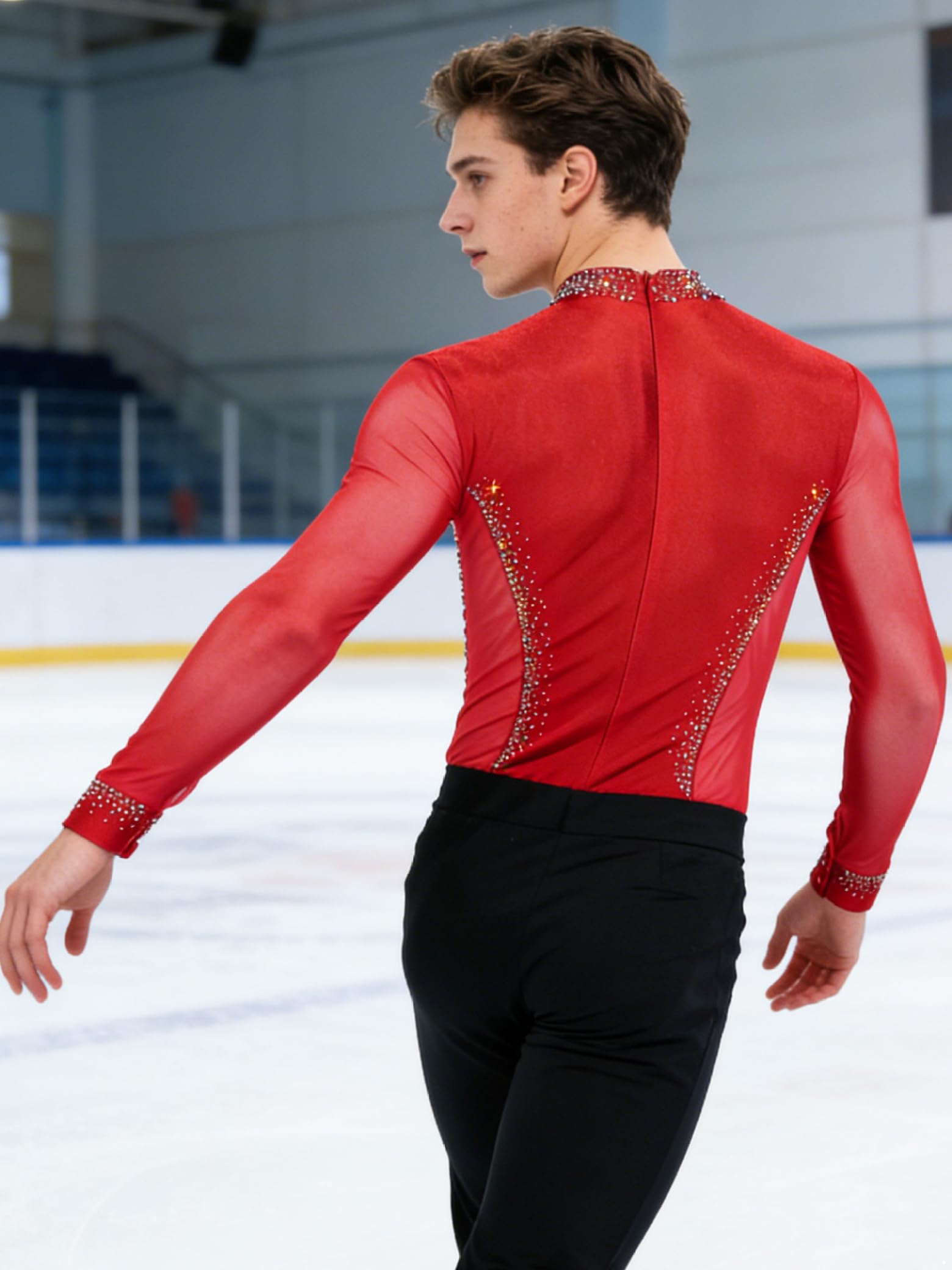 Body de manga larga para hombre, de malla de patchwork, para danza latina, body con brillantes brillantes de estrás