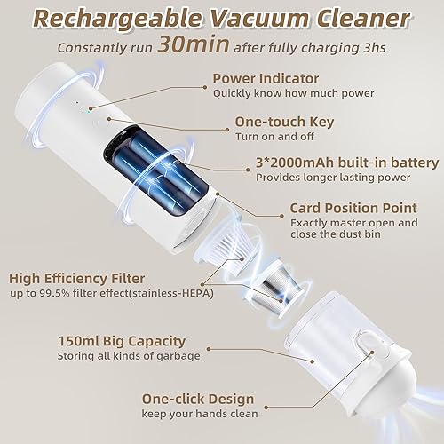 Miniatura 4 de Mini Car Vacuum Cleaner, 14,500Pa Powerful Suction Cordless Handheld Car Vacuum, 2-Speed Wireless Rechargeable Mini Vacuum with Dust Buster & Air
