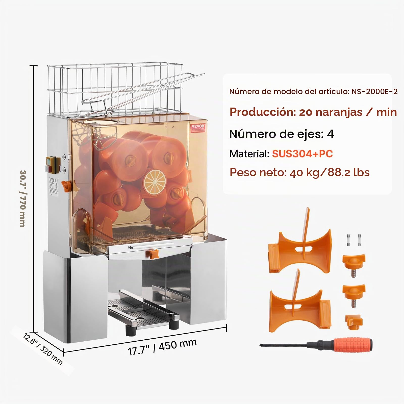 VEVOR Exprimidor de Cítricos Eléctrico Comercial Extractor de Zumo 120W Alimentación Automática con Filtro Extraíble Cubo Recolector de Cáscaras para Naranja, Pomelo, Restaurante, Cafetería, Frutería