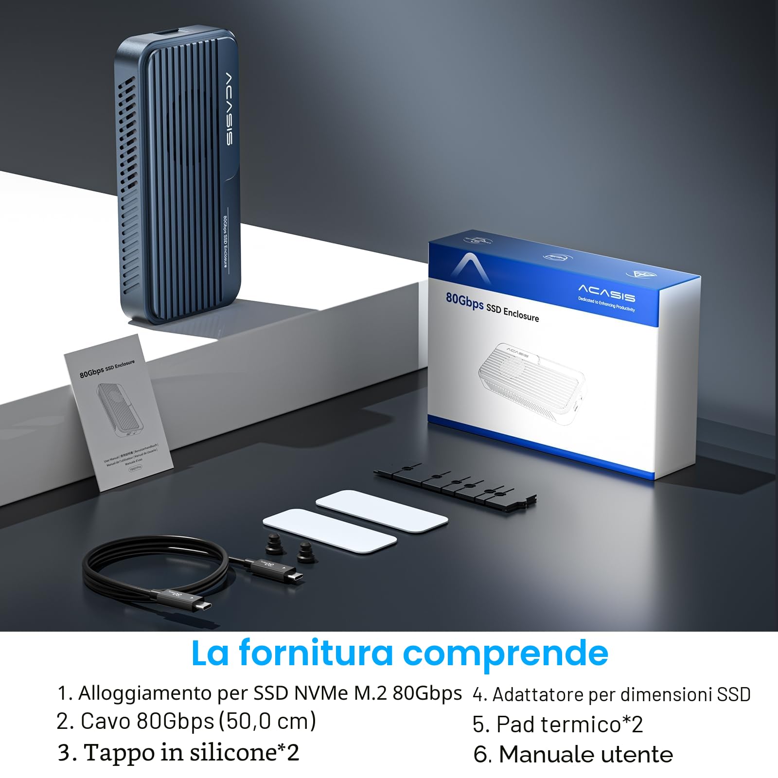 ACASIS Case SSD M.2 NVMe da 80 Gbps, compatibile con Thunderbolt 4/5 V2.0, retrocompatibile con thunderbolt 5/4V1.0, USB3.2/3.1/3.0 con ventola di raffreddamento