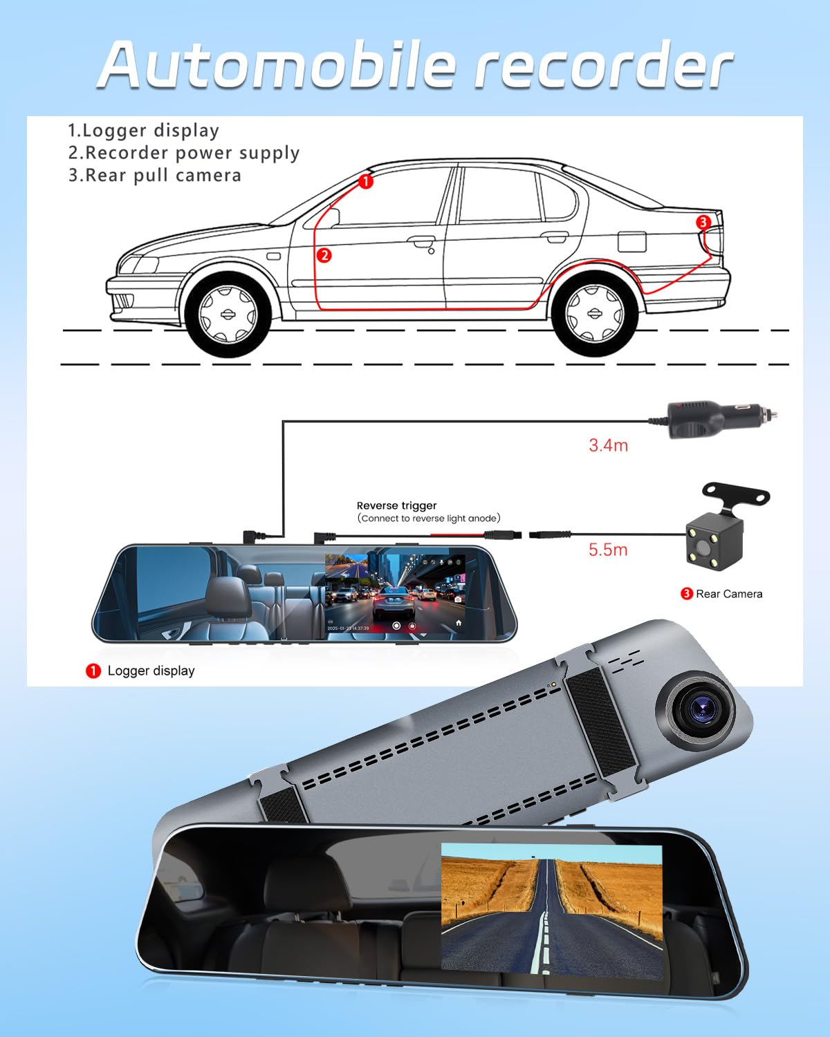 NHOPEEW Mirror Dash Cam 4,7 pollici 720P Doppia telecamera frontale e posteriore - Super visione notturna/Registrazione in loop/Compensazione dell'esposizione - Telecamera di backup per auto