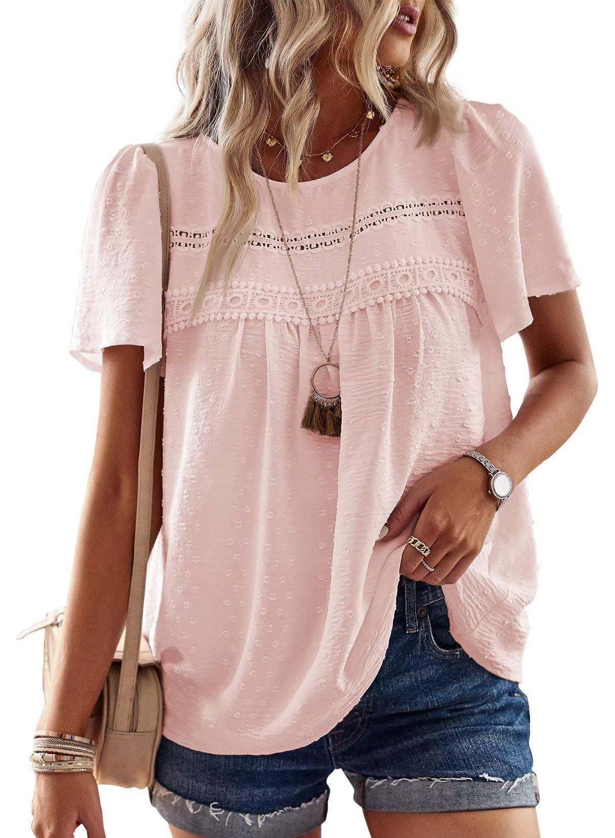 TUUHAW Top Damen Sommer Boho Bluse Kurzarm Oberteile Elegant Rundhals | Swiss Dot T Shirt, Süß Casual Tunika, Lässig Fließend Outfits, Spitze Herbst Kleidung, für Büro und Alltag, Ausgehen Vintage