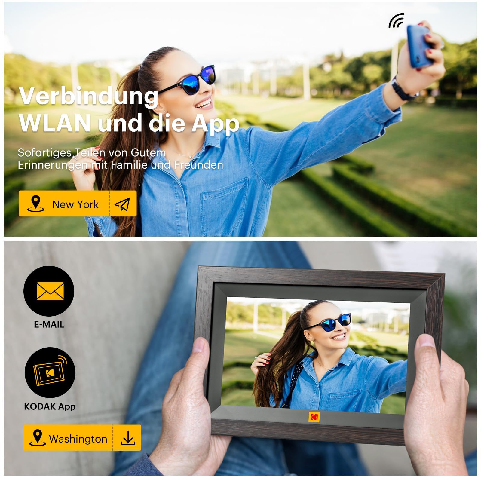 KODAK 10,1 Zoll WiFi Digitaler Bilderrahmen, 1280x800 HD IPS Touchscreen Smarter Bilderrahmen WLAN, 32GB Speicher, Automatische Rotation, Wandmontagefähig, Teilen Sie Fotos sofort von überall aus