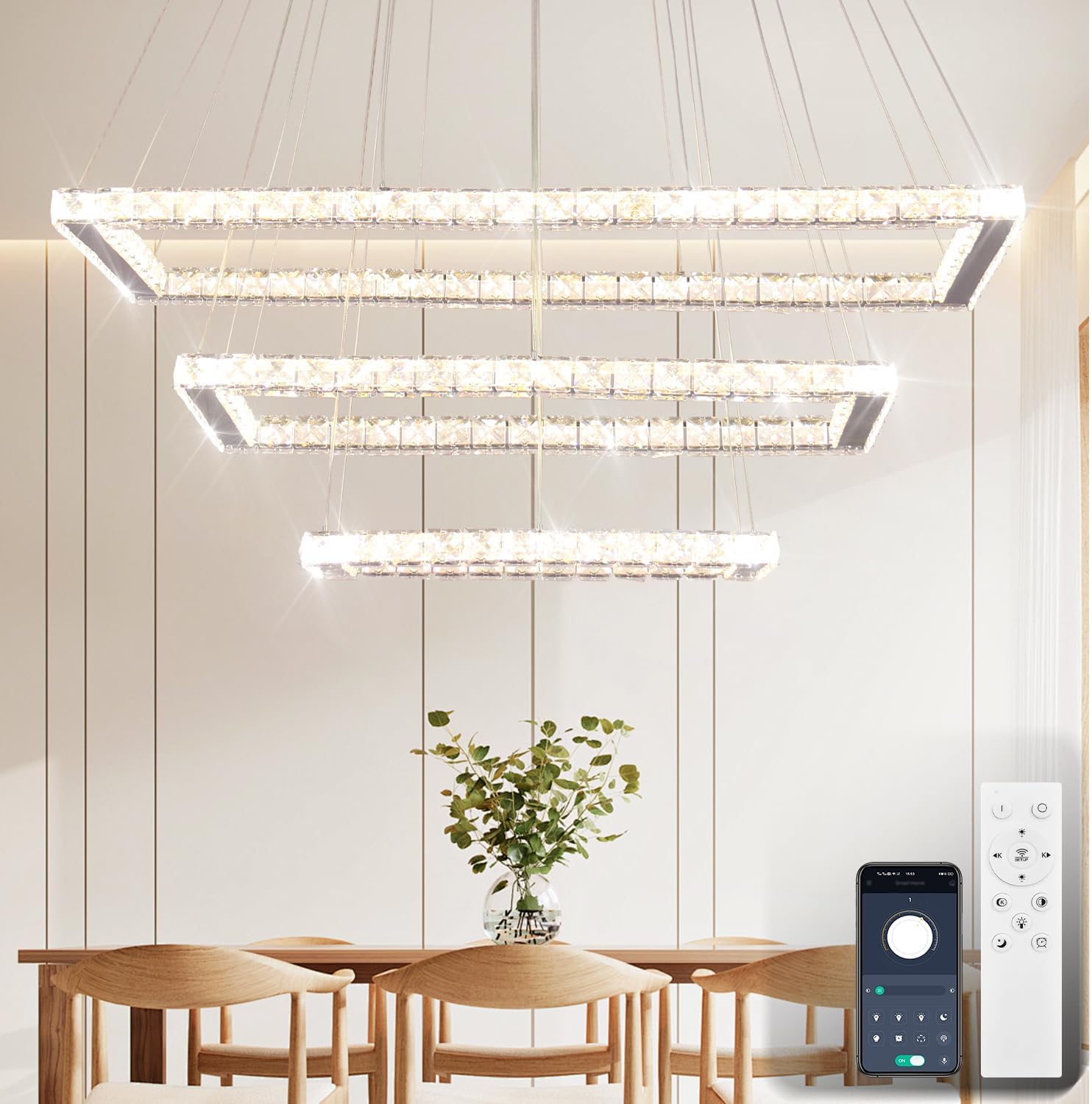 Finktonglan 31.4 inch Dimmable Modern Chandeliers with Remote, 3 Rectangles LED Rings Crystal Pendant Light for Kichen Island Chandelier Ceiling Light for Dining Room Kitchen Living Room
