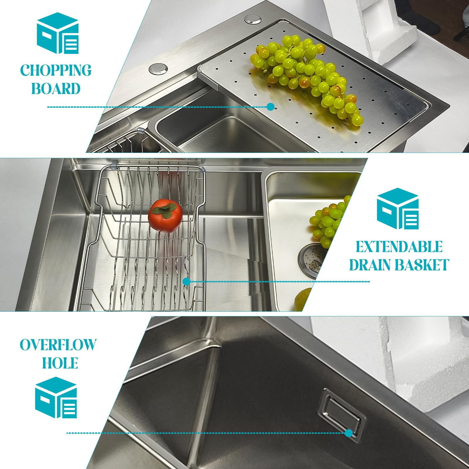 Lavello da cucina in acciaio inox 304, 85 x 50 cm, lavello da incasso, 1 vasca con sgocciolatoio, lavello multifunzione con cestello sgocciolatoio, sifone, set di scarico e troppopieno, lavello