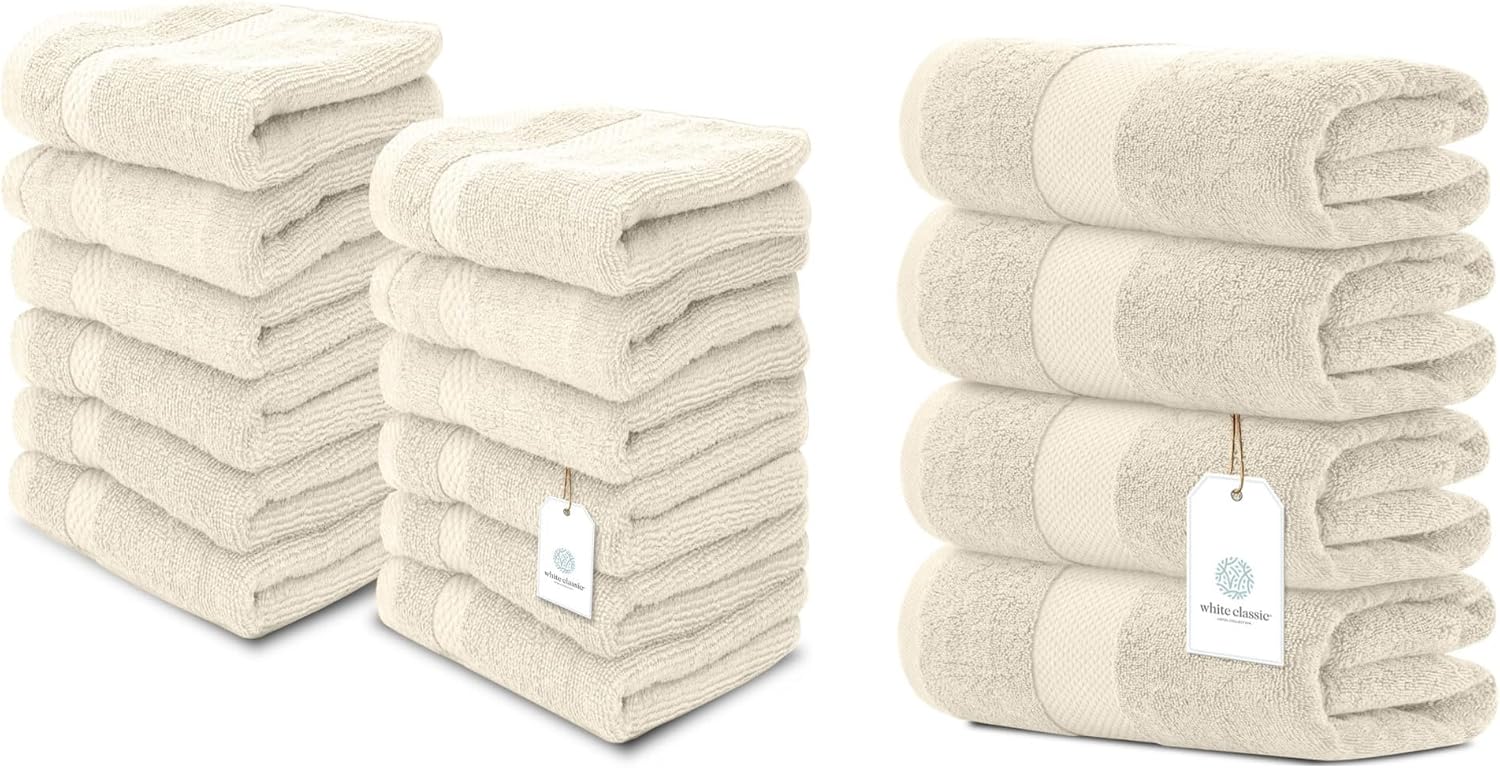 White Classic 12 Luxury Ivory Washcloths 13 x 13 and 4 Luxury Ivory Bath Towels 27 x 54 | Cotton, Highly Absorbent and Quick Dry for Hotels, Spa and Bathroom