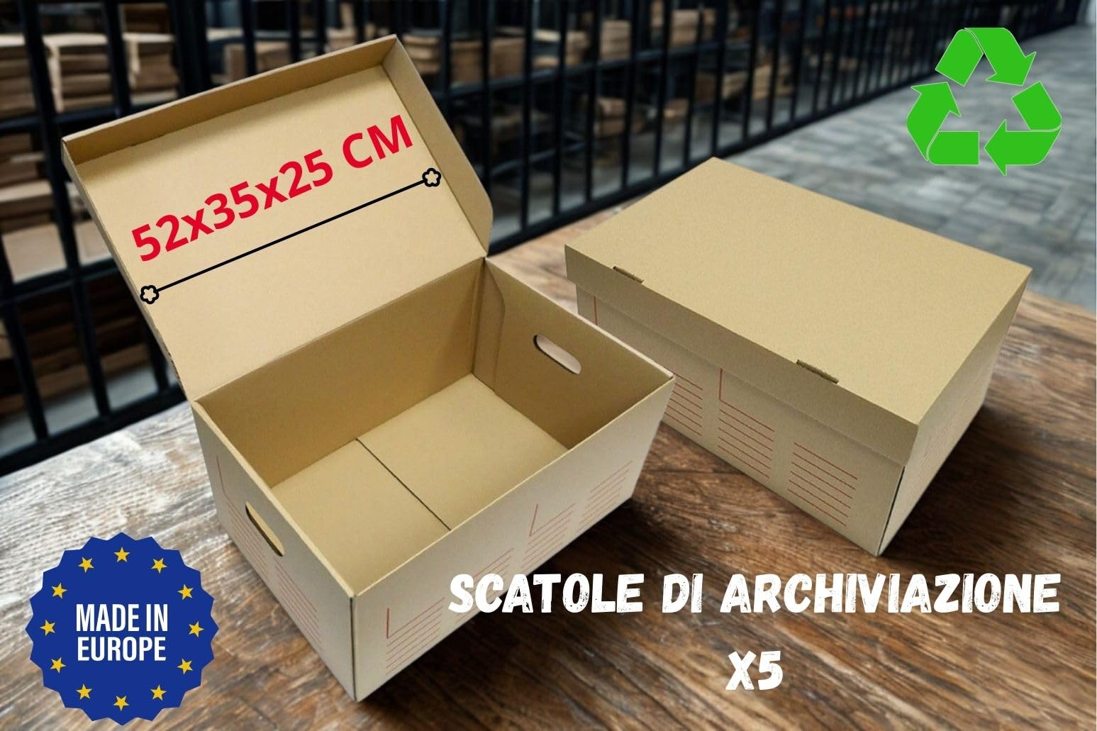 Generico Set 5 Scatole Archivio in Cartone Riciclato + 1 Scatola Grande 52x35x25 cm | Dorso 10 cm | Con Maniglie e Coperchio | Resistenti Impilabili Ecologiche | Ideali per Ufficio e Casa