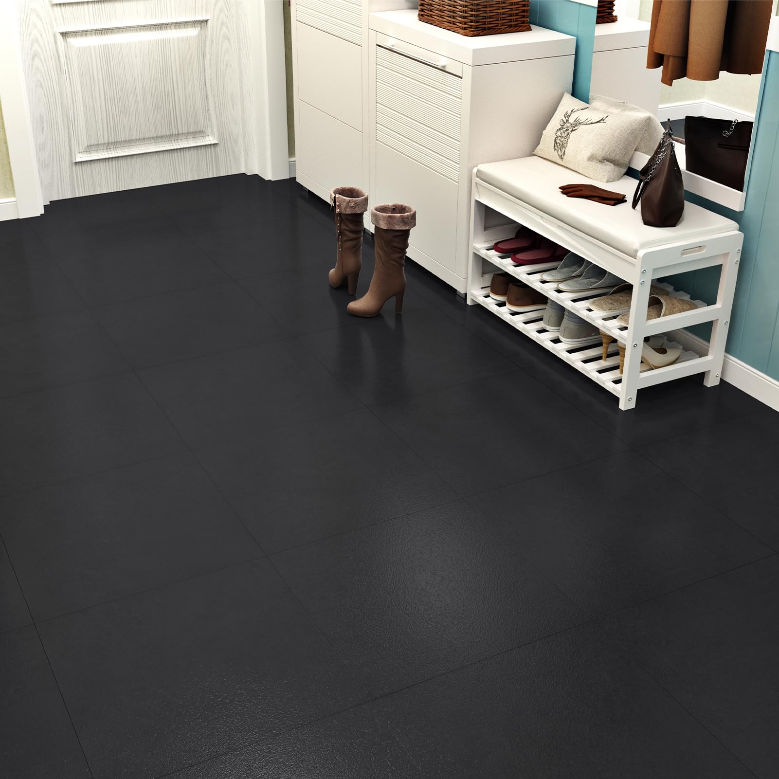 WESTICK 20 piastrelle nere per pavimenti, autoadesive, autoadesive, per cucina, camera da letto, lavanderia, 30,5 x 30,5 cm, colore: nero
